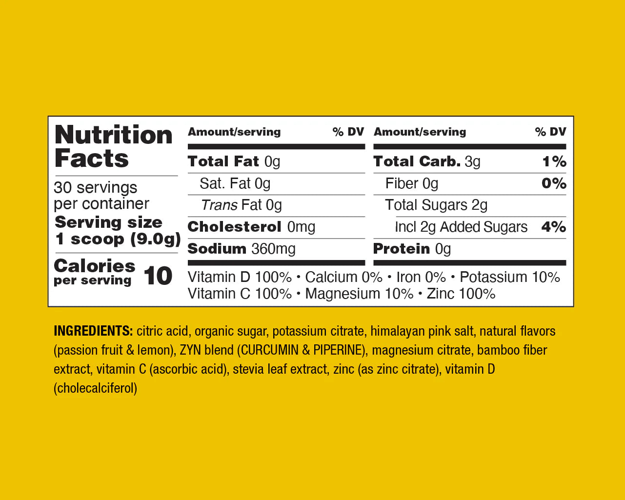 ZYN Turmeric Electrolyte Drink Mix - Passion Fruit Lemonade 30-serving Canister