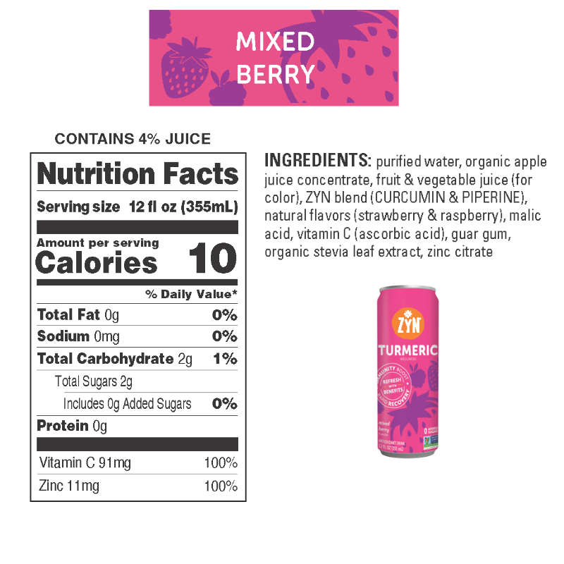 Drink ZYN Turmeric Wellness Drink | Mixed Berry 355ml | Caffeine-Free, 0 Sugar