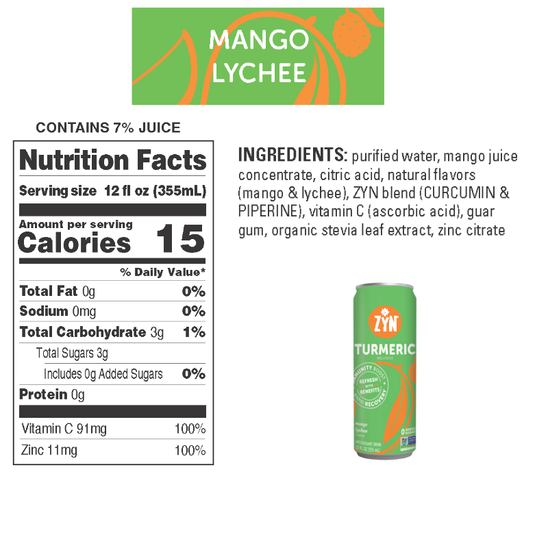 Drink ZYN Turmeric Wellness Drink | Mango Lychee 355ml | Caffeine-Free, 0 Sugar