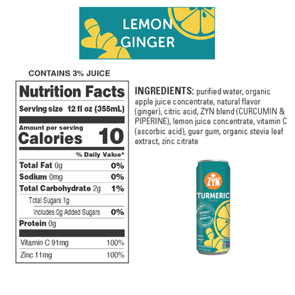 Drink ZYN Turmeric Wellness Drink | Lemon Ginger 355ml | Caffeine-Free, 0 Sugar