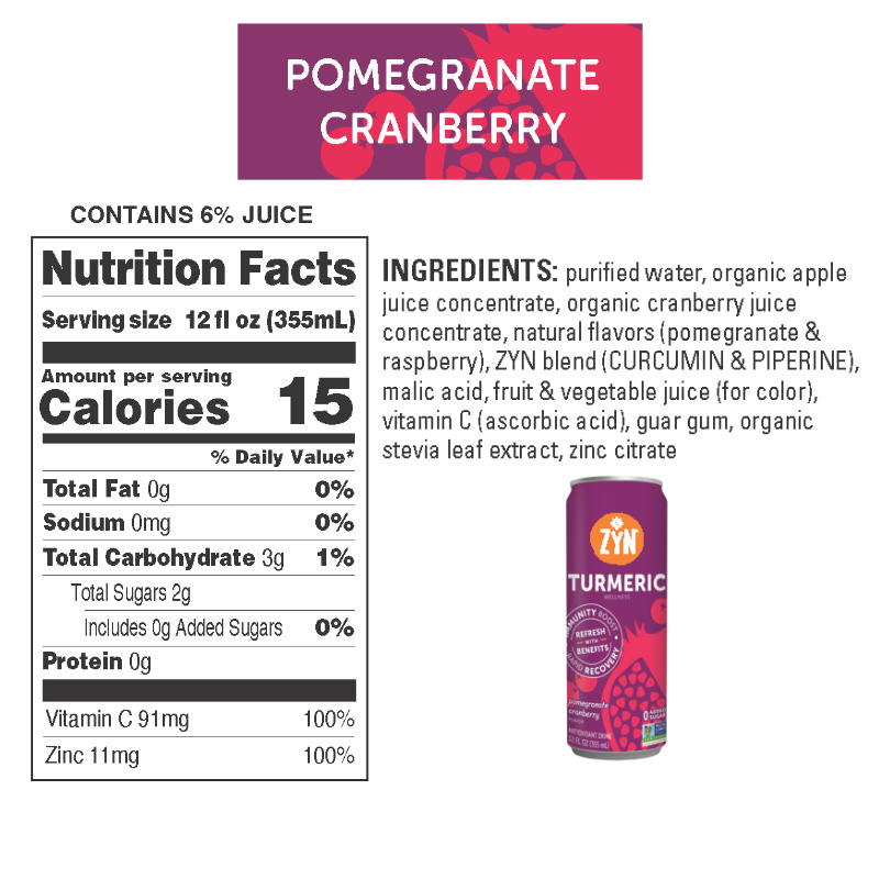 ZYN Turmeric Wellness Drink | Pomegranate Cranberry 355ml | Caffeine-Free, 0 Sugar